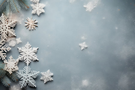 Top view of Christmas snowflakes, and fir tree branches arranged on a on gray pastel background, with ample copy space for your holiday message or design.の素材
