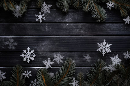 Top view of Christmas snowflakes, and fir tree branches arranged on a wooden black background, with copy space for your holiday message or design.の素材