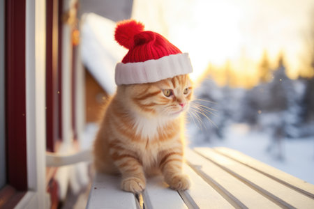 Cute red kitten in Christmas hat, sitting outdoors on a sunny winter day. Christmas card, copy space for text or design.の素材