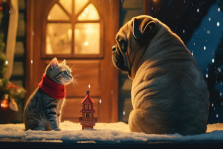 Cat and dog look at each other friendly on christmas decorated porch, wearing christmas pet outfit.の素材