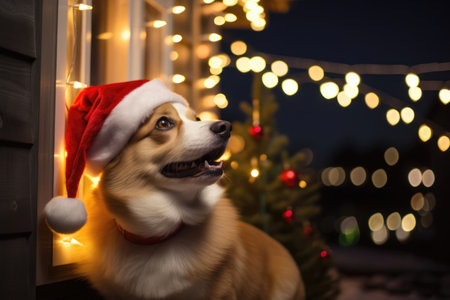 Adorable corgi dog, dressed in festive Christmas costume, sit on the snowy porch of a cozy house, spreading holiday cheer on a Xmas Eve night.の素材