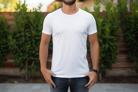 Unrecognizable bearded man on the backyard of his house wearing plain white t-shirt. mock up print designの素材
