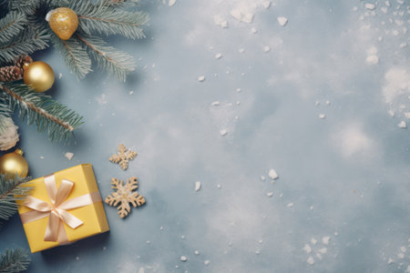 Gift boxes and decorated Christmas fir tree branches on gray background flat lay frame, top view copy space, pastel color postcard print.の素材