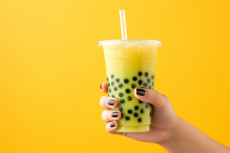 Hand holding asian sweet drink taipioca bubble tea on nature background.の素材