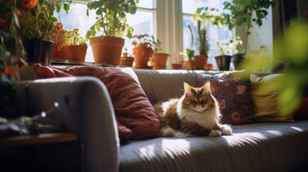 Cute fluffy cat in a cozy interior house full of green plants on a sunny day, pet loving concept.の素材