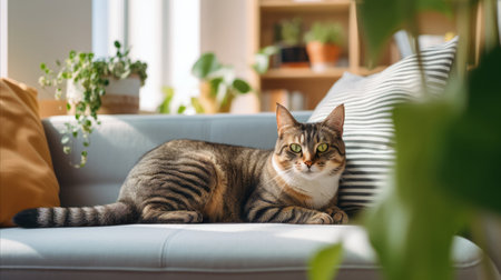Domestic cat on a blue sofa of a cozy scandinavian interior house.の素材