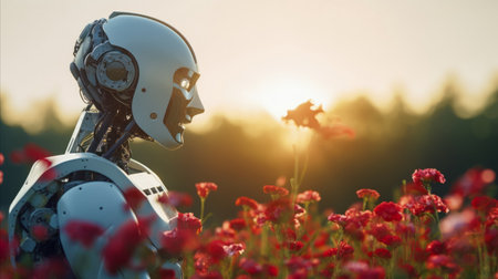 Futuristic humanlike robot smelling red flowers on a summer flower fieldの素材