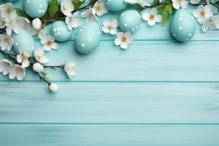 Easter frame border greeting card, light blue colored eggs and white spring flowers, copy space for text.の素材