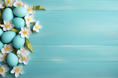 Easter frame border greeting card, light blue colored eggs and white spring flowers, copy space for text.の素材