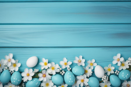 Easter frame border greeting card, light blue colored eggs and white spring flowers, copy space for text.の素材