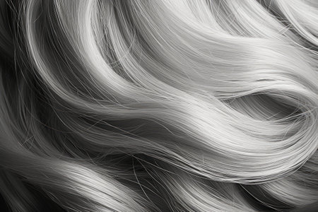 Close up shot of black and white wavy short hair texture, silver gray aged hair.の素材
