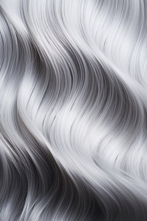 Close up silver gray wavy long shiny hair texture, trendy hair coloring.の素材