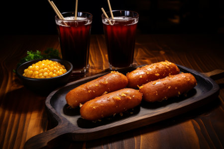 Crispy corn-dogs on a wooden table with sauce and drinks.の素材