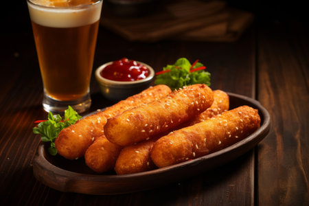 Crispy corn-dogs on a wooden table with sauce and beer,の素材