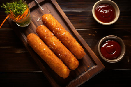 Crispy corn-dogs on a wooden table with sauce.の素材