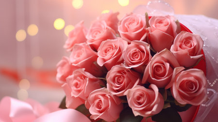 A bouquet of dusty pink roses on smooth background of hearts, holiday greeting card.の素材
