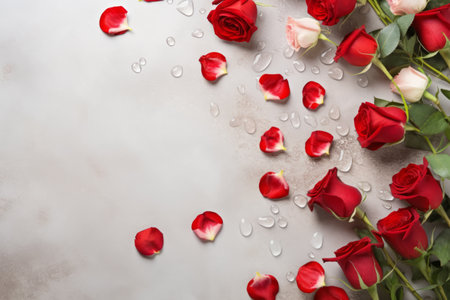 Top view wet red roses on concrete background.の素材
