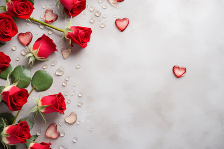 Top view wet red roses with candy hearts on concrete background.の素材