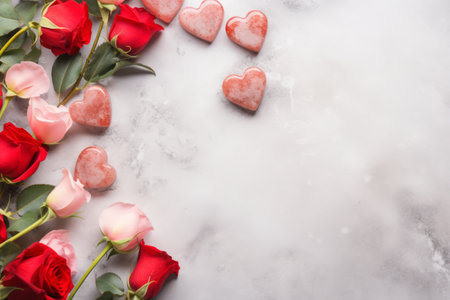 Top view wet red roses with candy hearts on concrete background.の素材