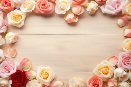 Heart shaped border pastel color Valentine's day roses on wooden background.の素材