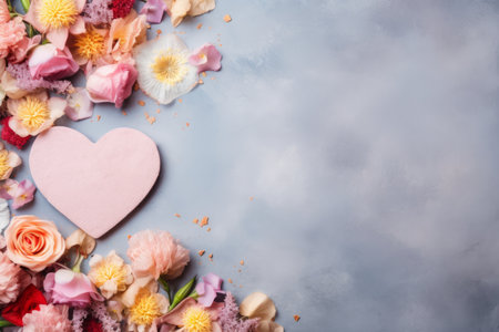 Top view pastel color Valentine's day hearts and natural flowers on concrete background.の素材