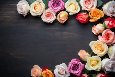 Top view pastel color Valentine's day hearts and natural flowers on black wooden background.の素材