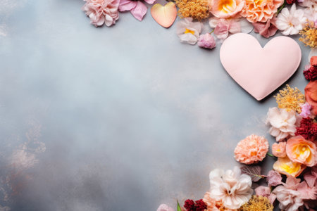 Top view pastel color Valentine's day hearts and natural flowers on concrete background.の素材