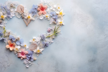 Composition of fresh flowers in shape of heart, on gray background, copy space for text, holiday greeting card.の素材