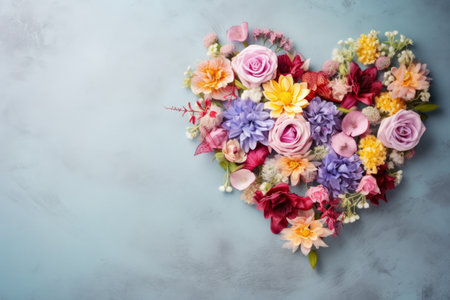 Composition of fresh flowers in shape of heart, on gray background, copy space for text, holiday greeting card.の素材
