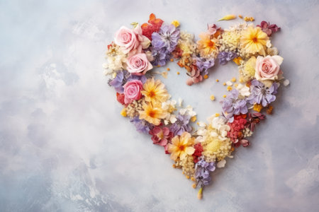 Composition of fresh flowers in shape of heart, on gray background, copy space for text, holiday greeting card.の素材