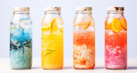 Four bottles with ice and citrus juice in them, Asian drinks in bottles.の素材