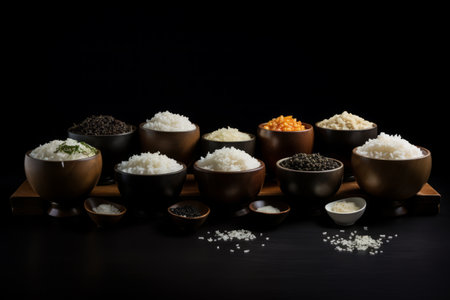 Bowls filled with brown and white rice of different types. Asian food concept.の素材