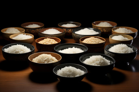 Bowls filled with brown and white rice of different types. Asian food concept.の素材