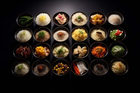 Bowls are filled with rice and vegetables, organized on black table.の素材