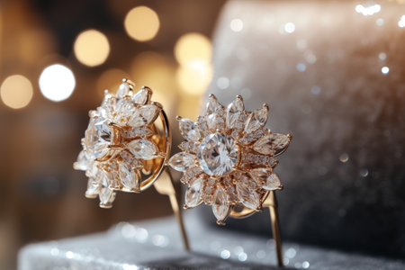 Macro close up shot golden earings with amazing ivory diamonds in a jewelry shop.の素材