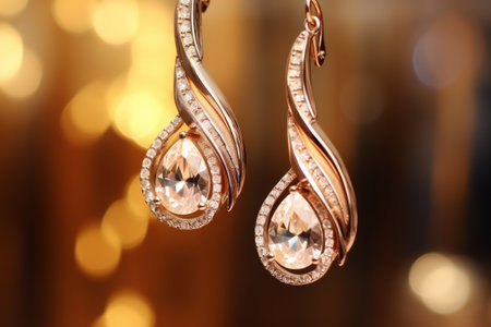 Macro close up shot golden earings with amazing ivory diamonds in a jewelry shop.の素材