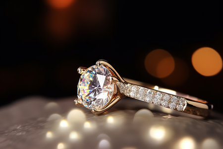 Macro close up shot golden ring with amazing diamond in a jewelry shop.の素材