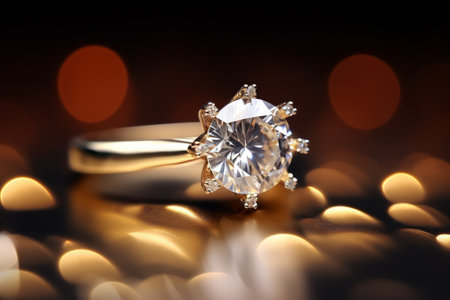 Macro close up shot golden ring with amazing diamond in a jewelry shop.の素材