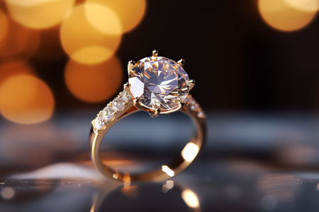 Macro close up shot golden ring with amazing diamond in a jewelry shop.の素材