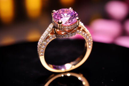 Macro close up shot golden ring with amazing pink diamond represented in a jewelry shop with lights on background.の素材