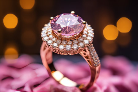 Macro close up shot golden ring with amazing pink diamond represented in a jewelry shop with lights on background.の素材