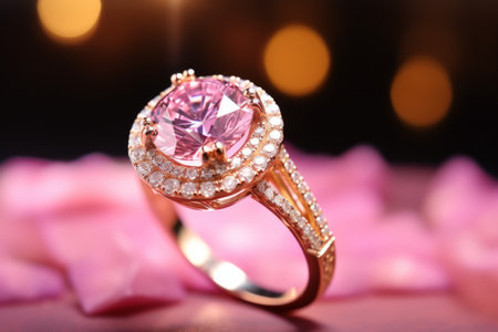 Macro close up shot golden ring with amazing pink diamond represented in a jewelry shop with lights on background.の素材