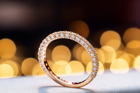 Macro close up shot thin golden ring with amazing ivory diamonds.の素材