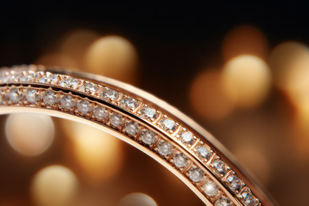 Super macro shot of thin golden ring with lots of ivory diamonds in a jewelry shop.の素材