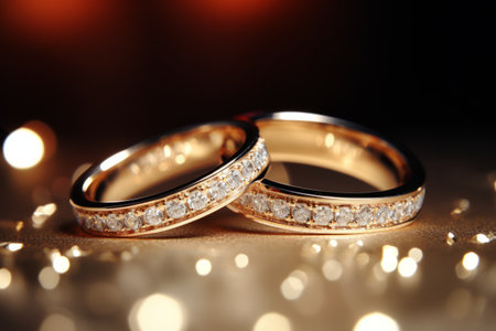 Macro close up of two wedding rings with amazing ivory diamonds in a jewelry shop.の素材