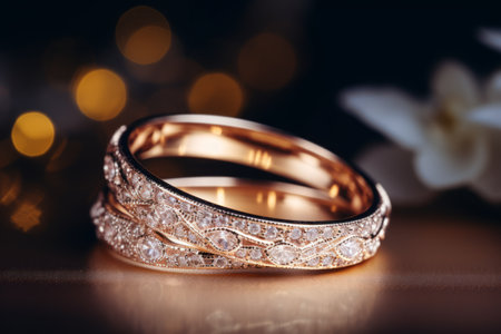 Macro close up of two wedding rings with amazing ivory diamonds in a jewelry shop.の素材