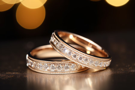 Macro close up of two wedding rings with amazing ivory diamonds in a jewelry shop.の素材