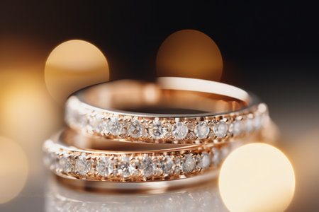 Macro close up of two wedding rings with amazing ivory diamonds in a jewelry shop.の素材
