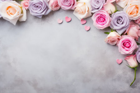 Top view pastel color hearts and roses on gray background, mother's day, women's day or Valentine's day concept.の素材