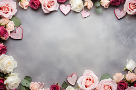 Top view pastel color hearts and roses on gray background, mother's day, women's day or Valentine's day concept.の素材